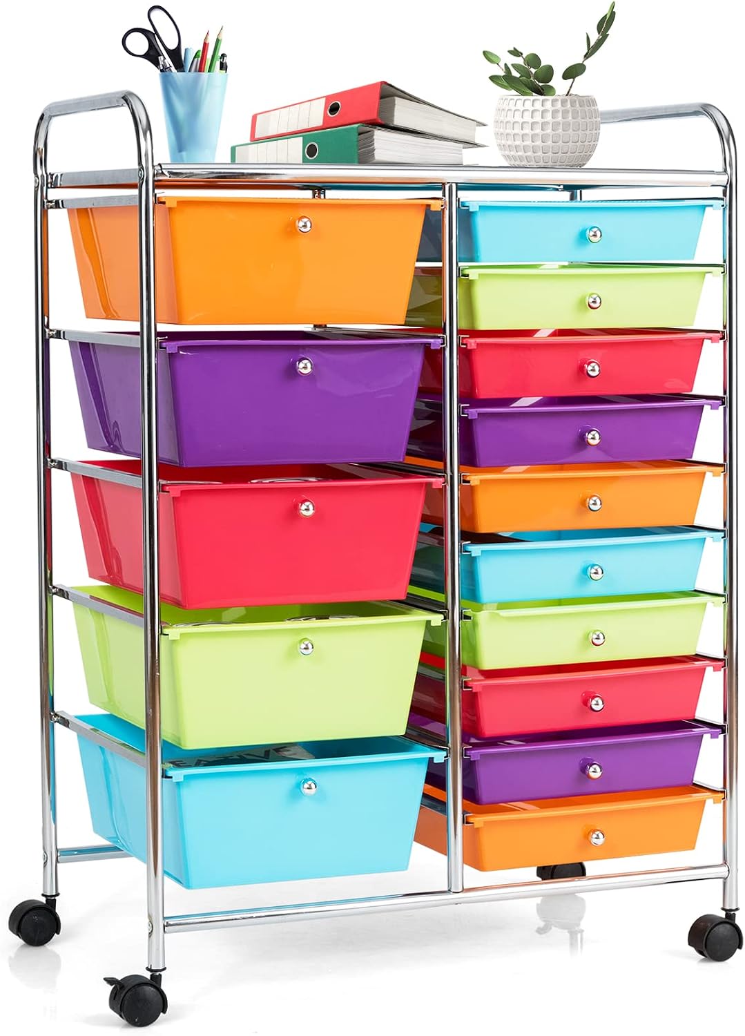 COSTWAY 15 Drawer Rolling Storage Cart, Utility Tools Paper Organizer on Wheels