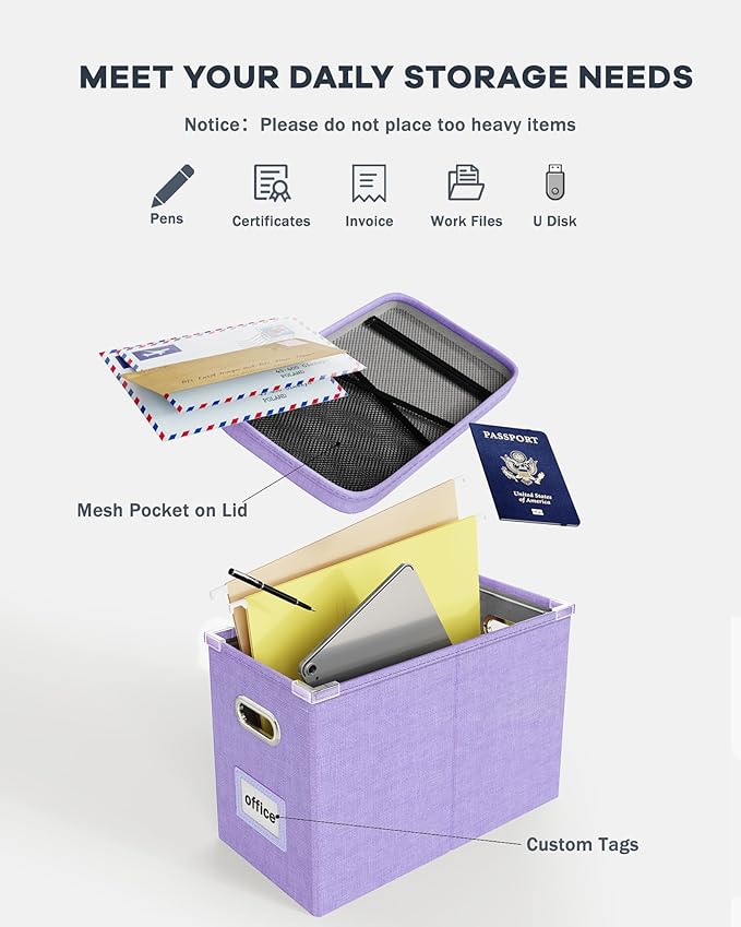 Oterri File Organizer Box with Lid, Hanging Filing File Box with Mesh Pocket - Image 4