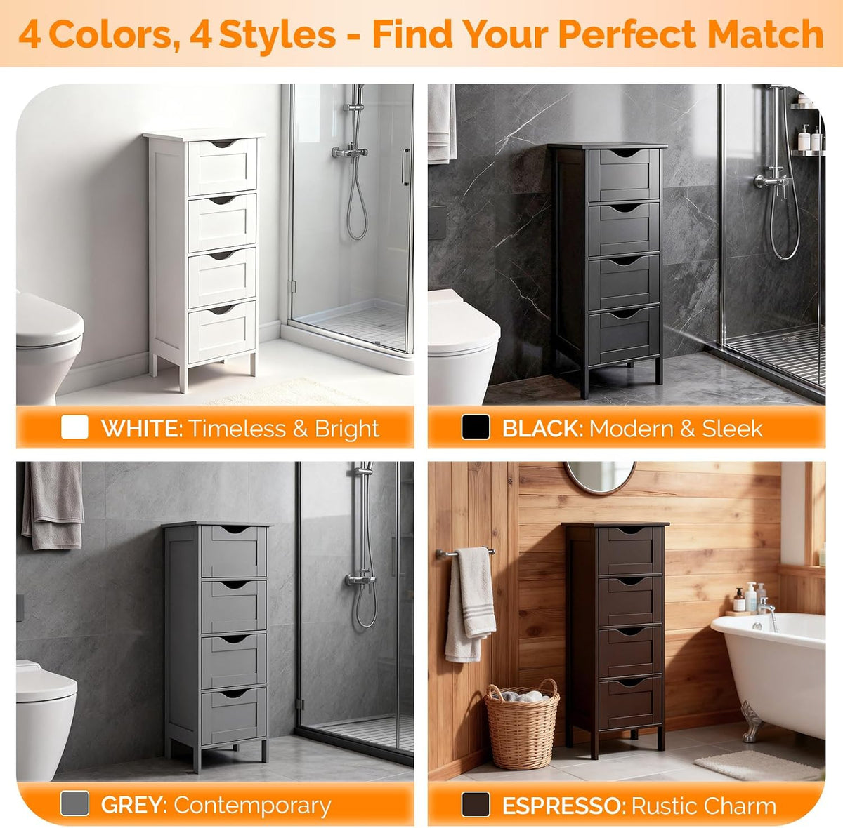 Bonnlo Slim Bathroom Floor Cabinet, 4-Drawer Wooden Freestanding Storage Unit...