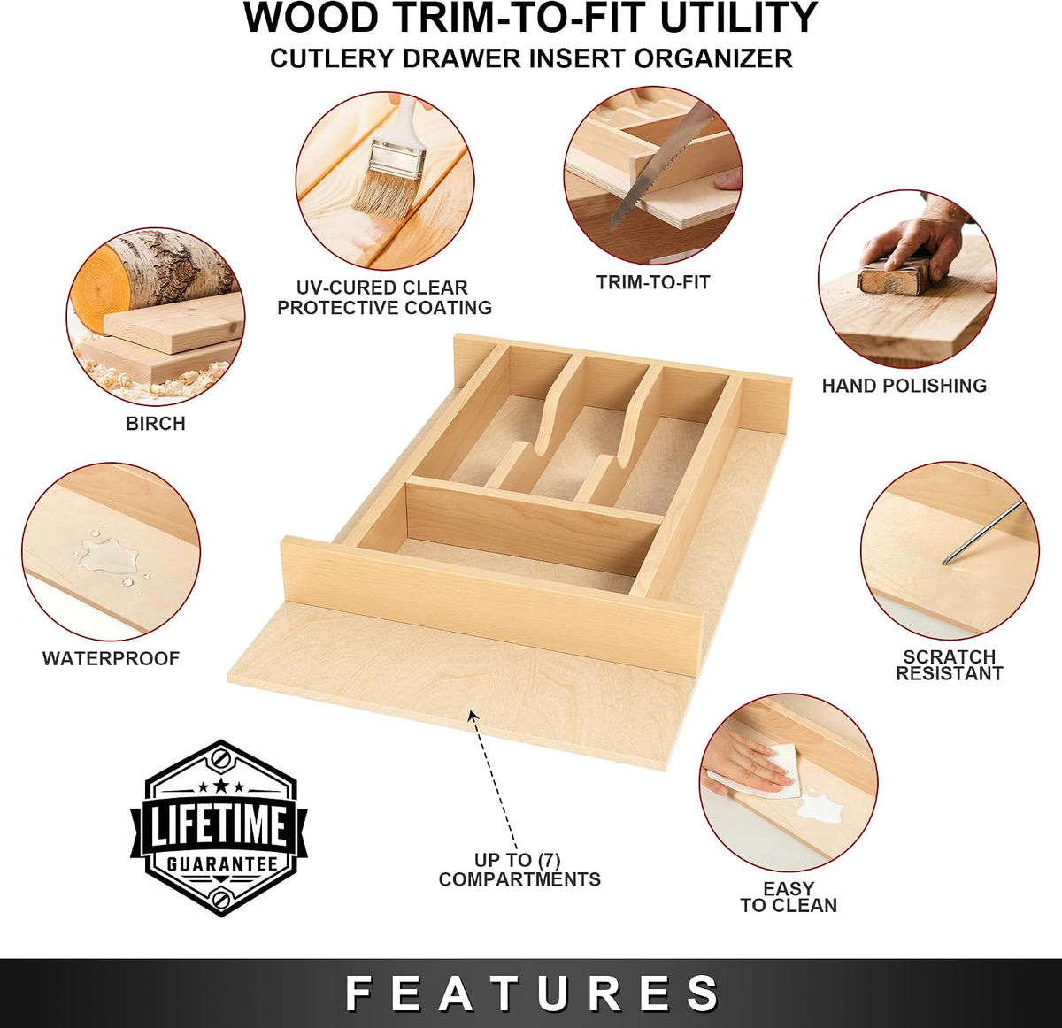 Clikuutory Natural Birch Wood Utensil Drawer Insert Organizer with 7 Compartm...