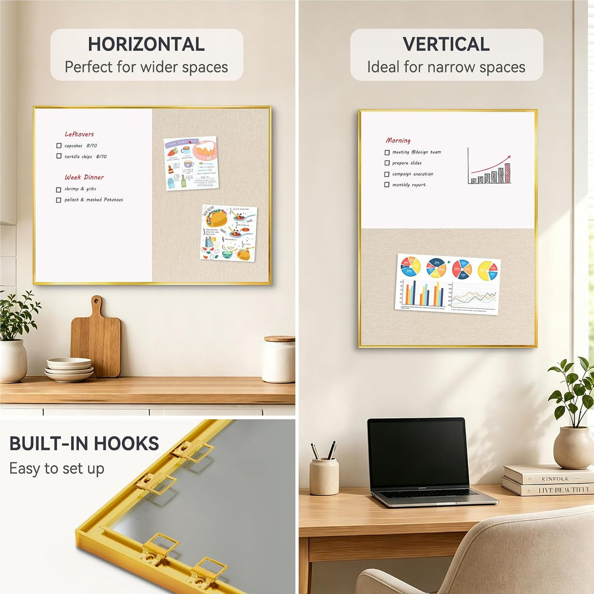 Whiteboard Bulletin Board Combo, 24"x18" Dry Erase Linen Cork Board