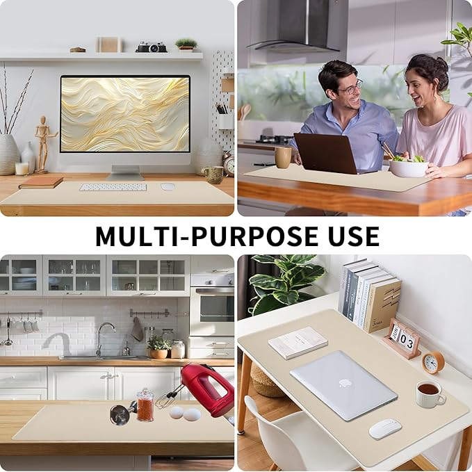 Beige Desk Mat with Stitched Edges, 31.5"×15.7" Keyboard Pad, Non-Slip Desk - Image 5