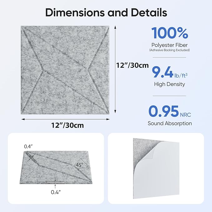 UNECHO 12 Pack 12" X 12" X 0.4" Acoustic Panels - Image 3