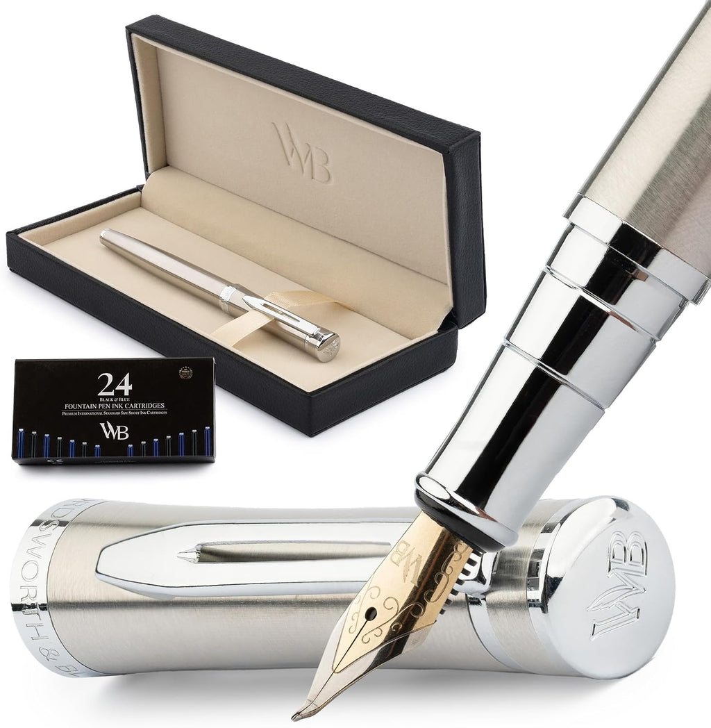 Wordsworth & Black Fountain Pen Set, Bent Nib, Includes 24 Pack Ink Cartridges