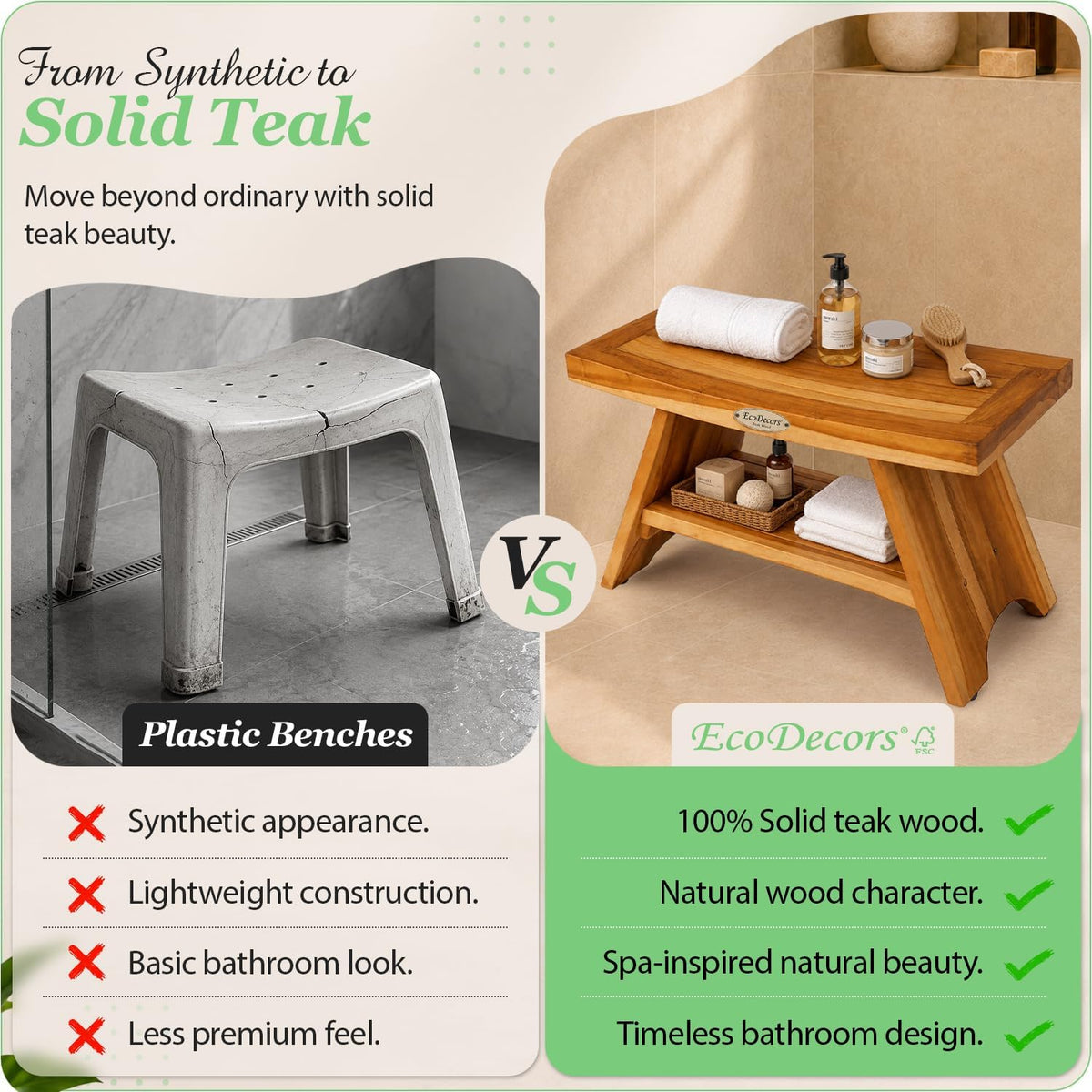 EcoDecors Serenity 30-Inch Teak Shower Bench with Shelf, 300 lb