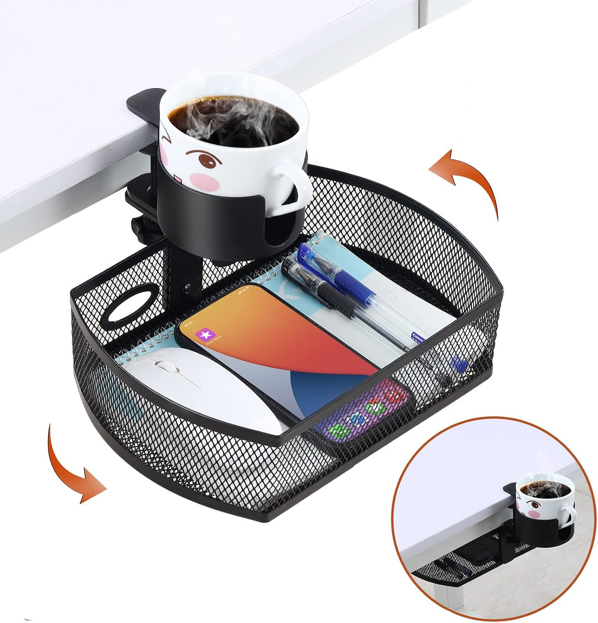 MASTLU Under Desk Organizer,Cup Holder,Table Management Tray, Swivel Pencil D...