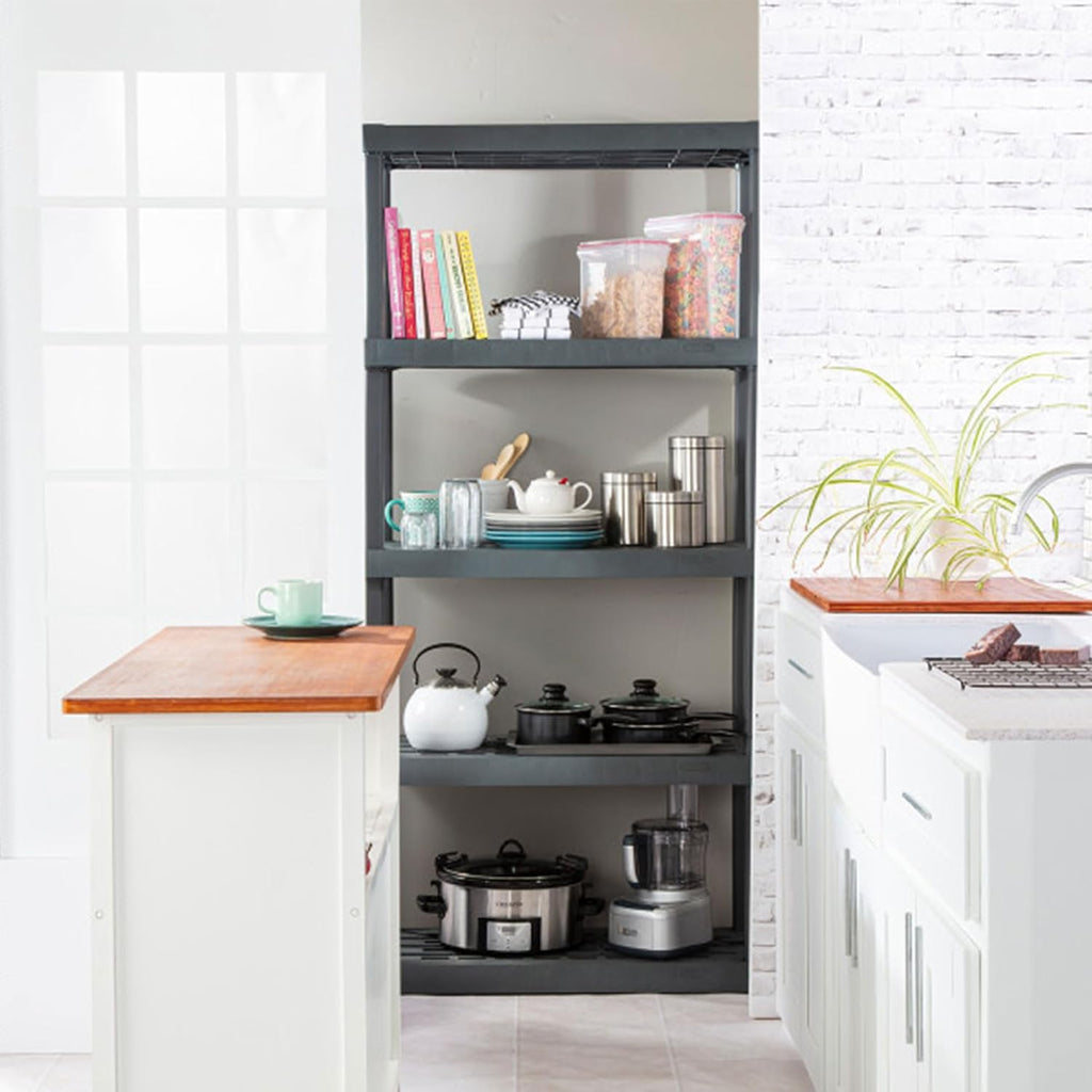 sterilite 5 shelf unit, heavy-duty plastic storage & showing dimensions