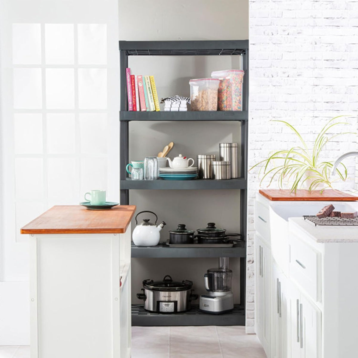 sterilite 5 shelf unit, heavy-duty plastic storage & showing dimensions