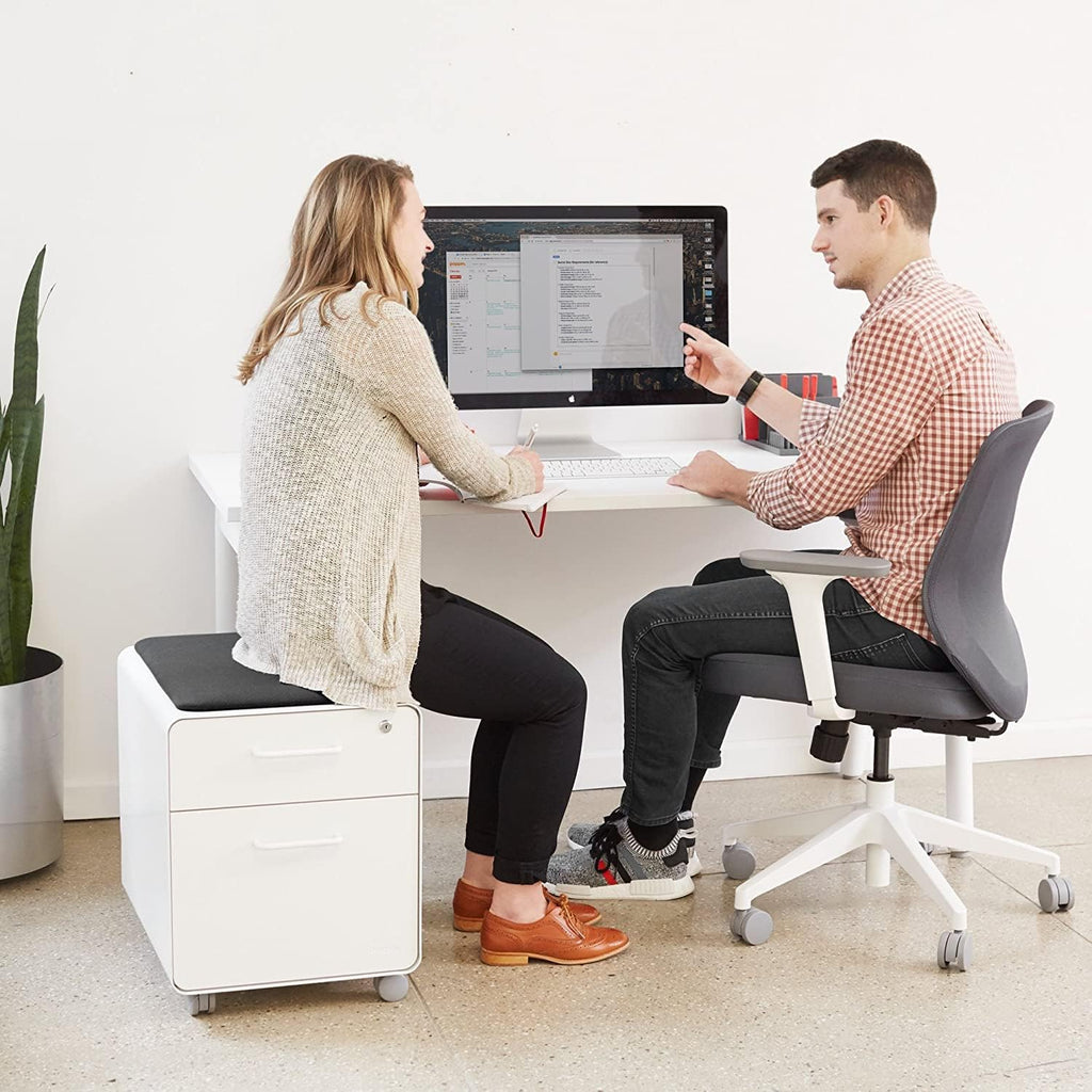 Poppin Mobile Mini Sittable Stow Rolling File Cabinet - White with Dark Gray Seat Cushion. Two Locking Drawers and One Key Lock. Two Keys Included. One Utility Drawer and One Hanging File Drawer