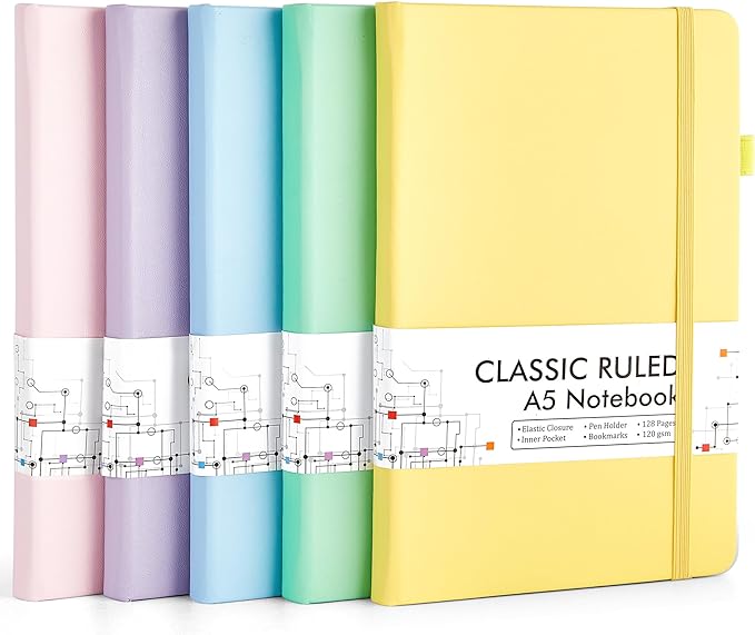 feela 5 Pack Notebooks Journals Bulk, Hardcover Classic Ruled Lined Journals by feela
