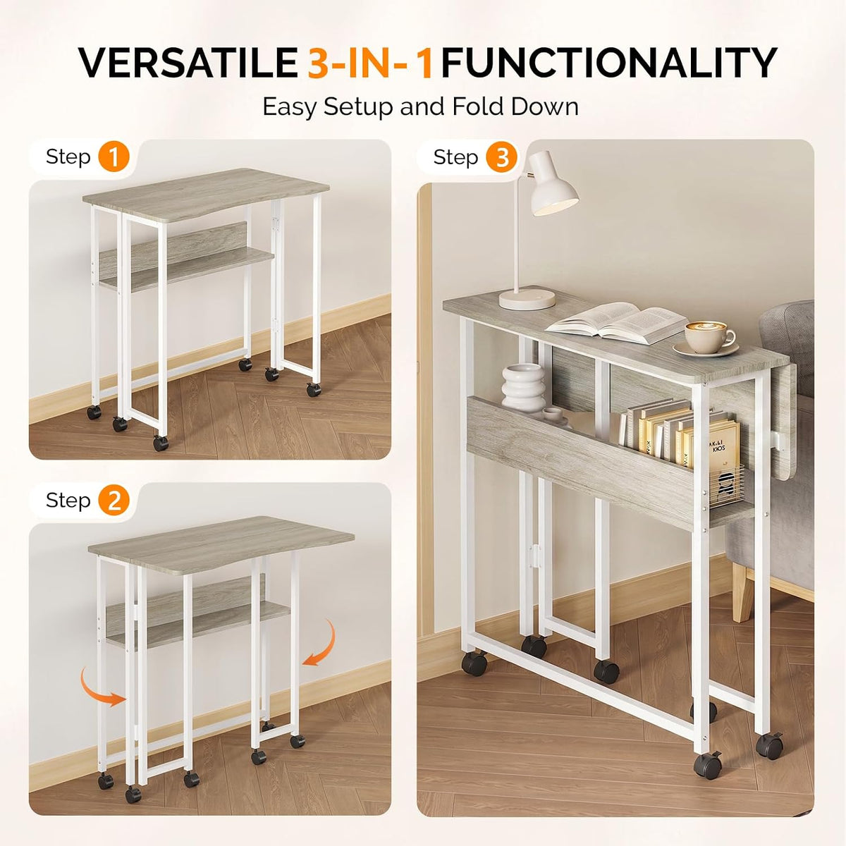 VINGLI 31.5 Inch Folding Computer Table, Small Rolling Desk with Storage Shel...