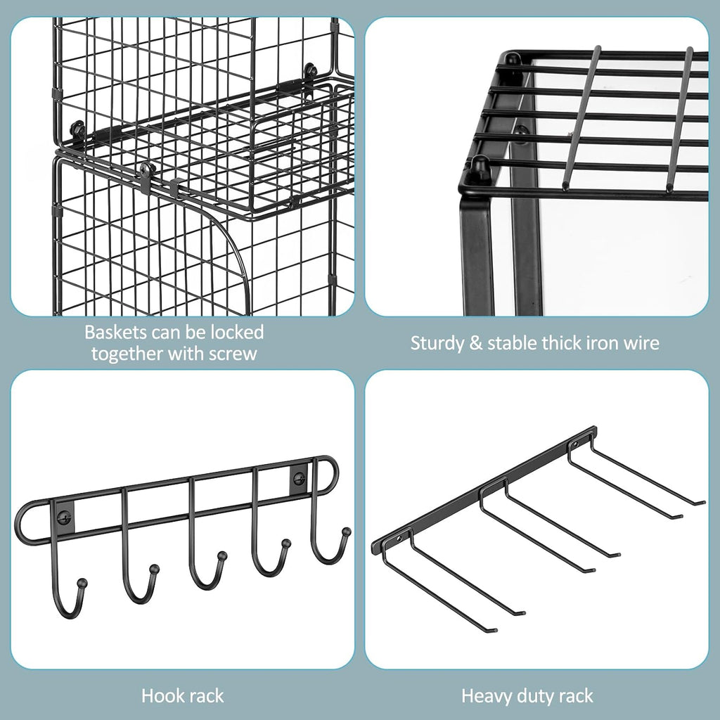 threehio garage shelf wall mounted with wire baskets, front angle view