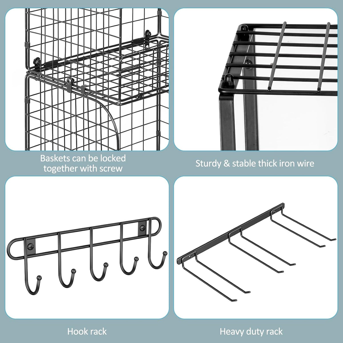 threehio garage shelf wall mounted with wire baskets, front angle view