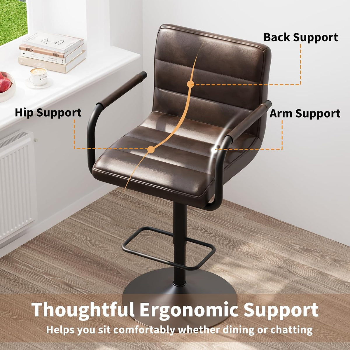 Adjustable PU Leather Swivel Bar Stools Set of 6 with Armrests