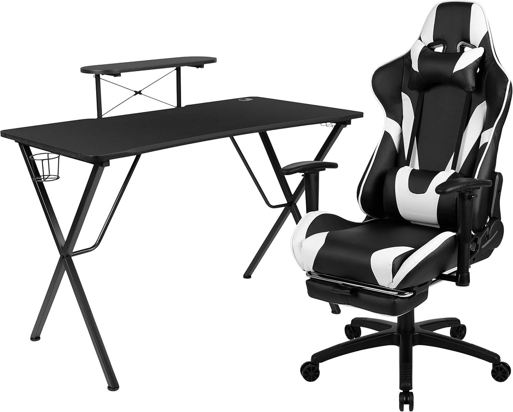 Flash Furniture Optis Black Gaming Desk and Black Footrest Reclining Gaming Chair Set with Cup Holder, Headphone Hook, and Monitor/Smartphone Stand | Cup Holder, Headphone Hook, Monitor/Smartphone Stand