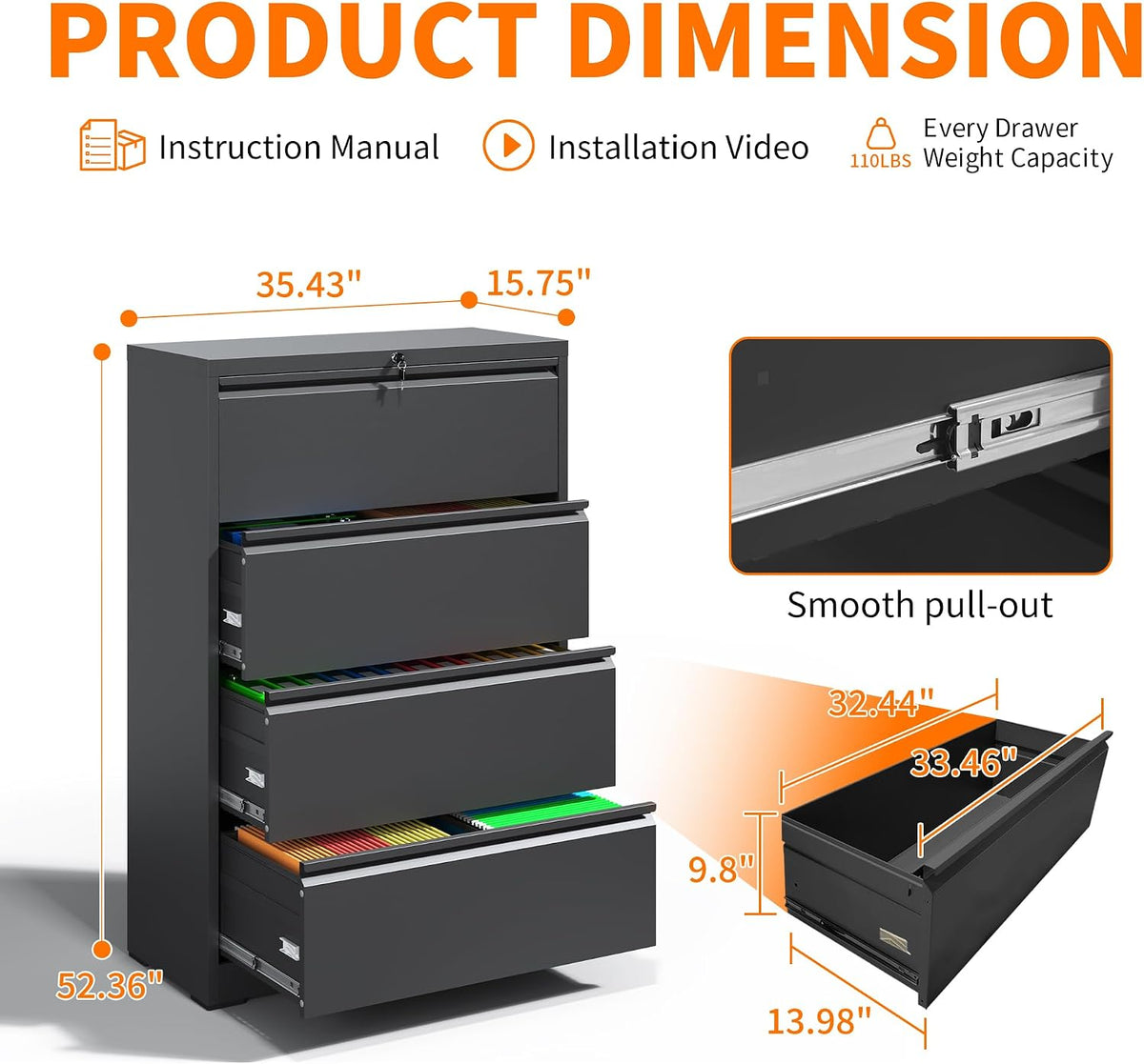 4 drawer lateral file cabinet with lock black, close-up detail
