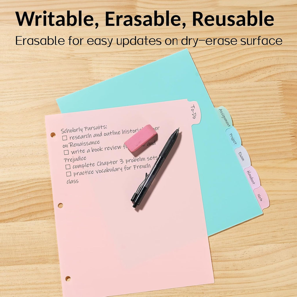 Sooez 8 Tabs Plastic Write & Erase Binder Dividers with Tabs, 1 Set | Long-Lasting Dividers for 3 Ring Binder, Cute Pastels Binder Dividers Organizers for Student, Teacher, Office, Beige Color