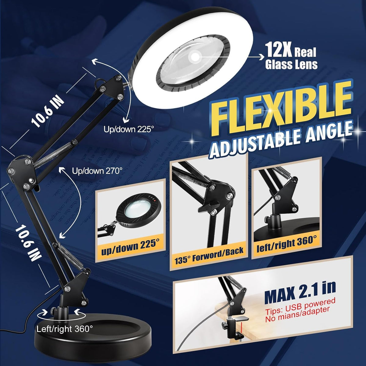 12X Magnifying Glass with Light and Stand, 144 LEDs Brightest Desktop Magnify...
