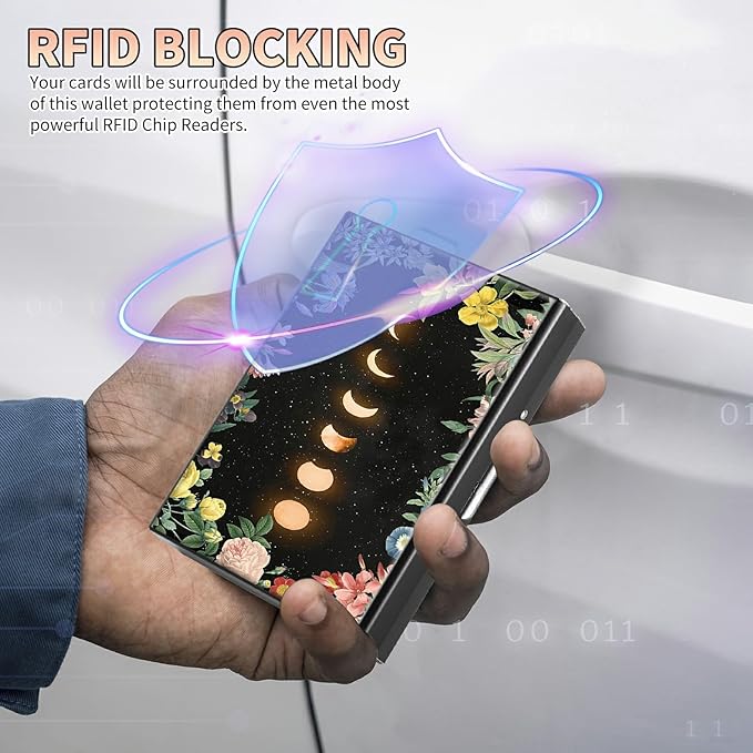 BWEGRHE Slim Credit Card Holder, Moon Flower RFID Blocking Metal Wallet - Image 3