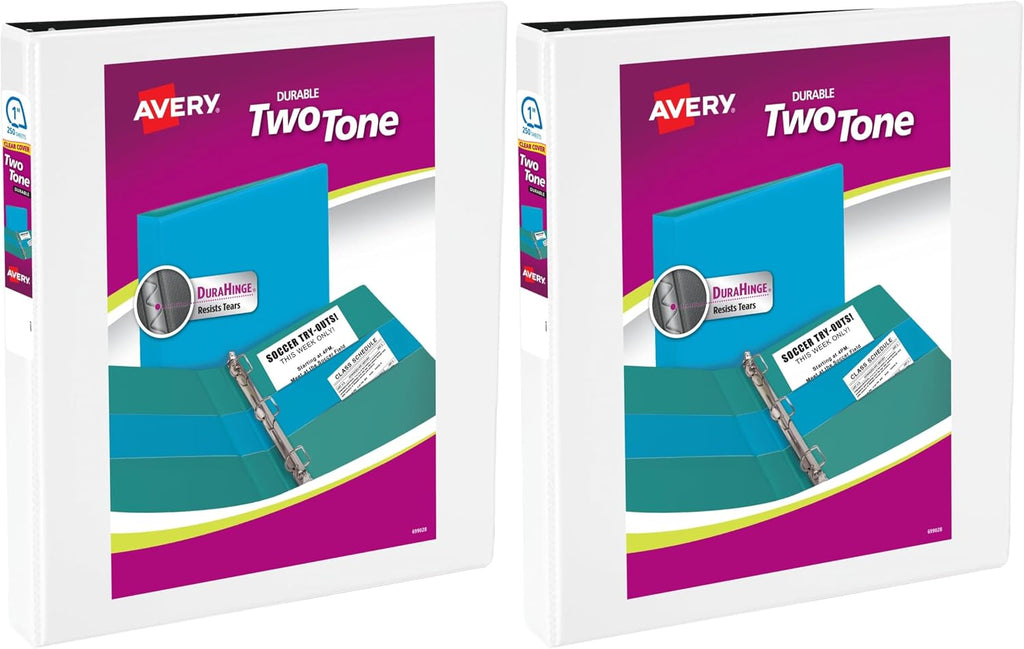 Avery Two-Tone Durable View 3 Ring Binder, 1 Inch Slant Rings, White/Black Binder (17286) (Pack of 2)
