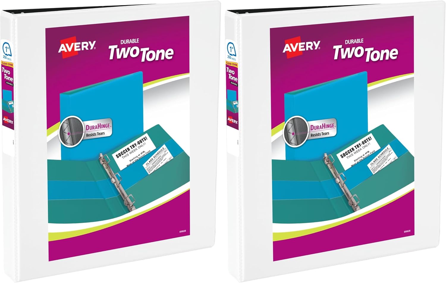 Avery Two-Tone Durable View 3 Ring Binder, 1 Inch Slant Rings, White/Black Binder (17286) (Pack of 2)