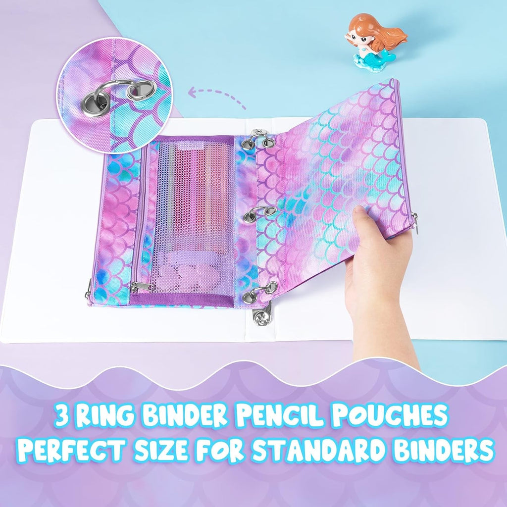 WAWSAM Mermaid Pencil Pouch for 3 Ring Binder, Zipper Pencil Pouch for Girl | 2 Pocket Clear Window Pencil Case, 3 Ring Pencil Pouch for School Supplies, Pencil Bags for Office College