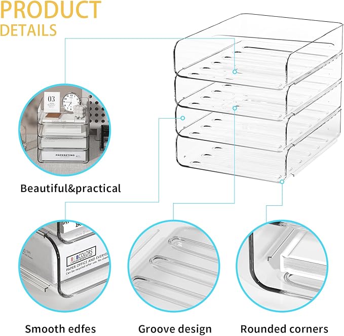FANXIYQ 4-Tier Acrylic Paper Tray Organizer | Clear Stackable Desk Organizer - Image 3