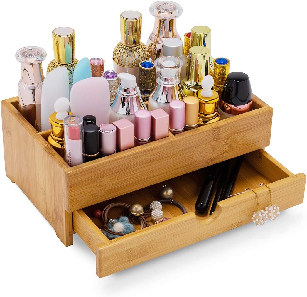 GOBAM Bamboo Makeup Organizer and Storage with Drawer, Wooden Cosmetic Organi...