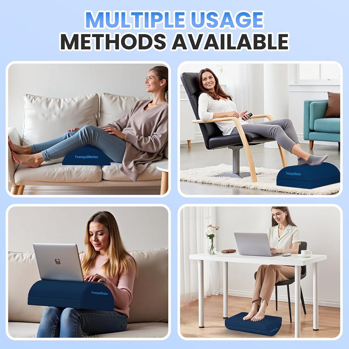TranquilRelax Foot Rest Under Desk, 3-Height Adjustable Foot Stool, Blue