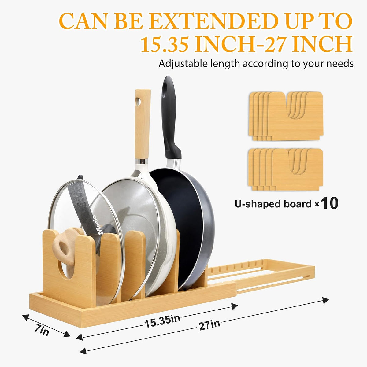 MinBoo Bamboo Expandable Pot Lid Organizer, Pot and Pan Organizer Drawer Orga...