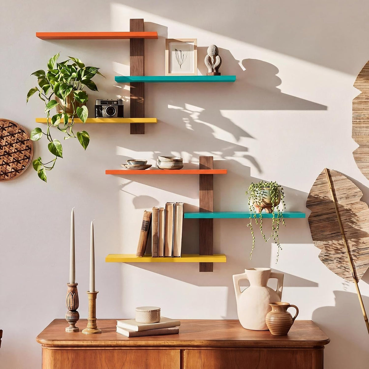 Pinkunn 2 Pack Floating Wall Shelf Mid Century Decor, Mid Century, 3 Tier
