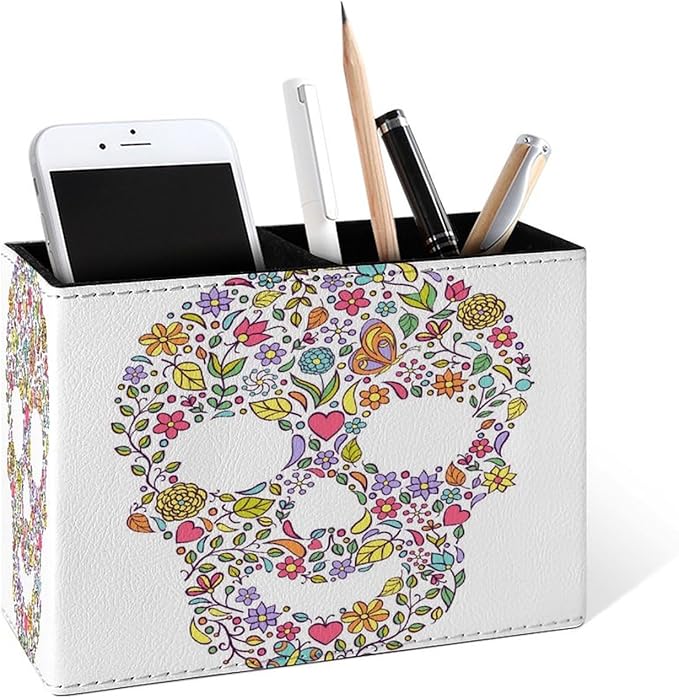 Famame Abstract Floral Leaves Skull Pencil Holder by Famame
