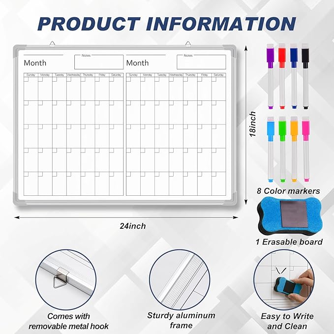 Lincia 36" x 12" Magnetic Horizontal 2 Month Dry Erase Calendar - Image 2