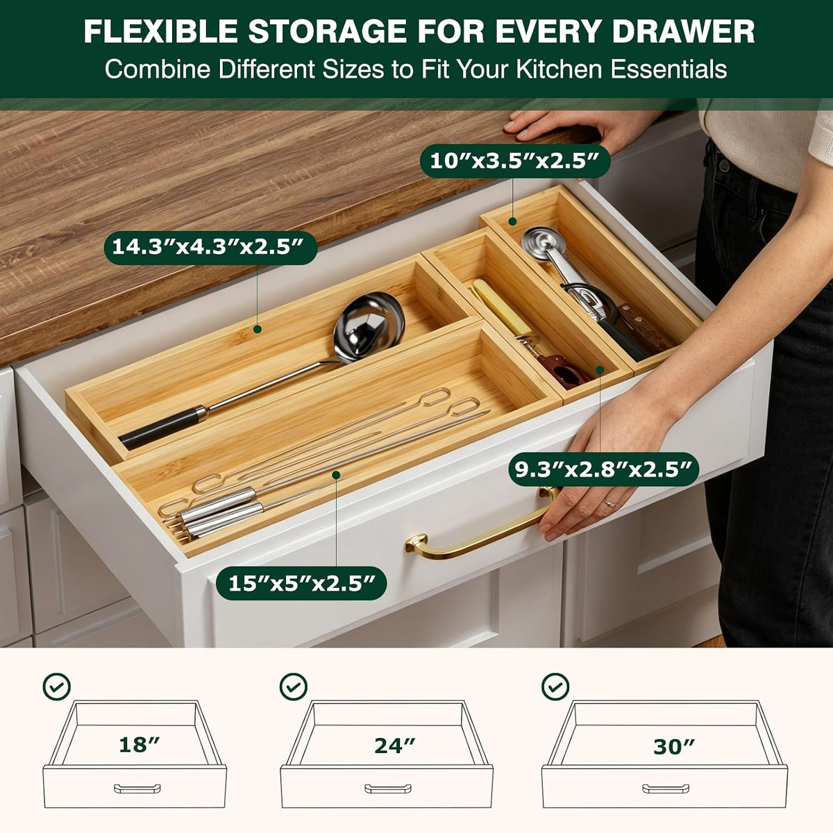 Bamboo Kitchen Drawer Organizer, Set of 2, Nested, 15" x 5" x 2.5&q...