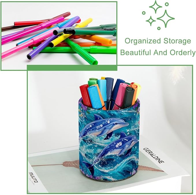 Leather Pen Holder for Desk, Dolphins Flowers Pencil Cup Desktop Organizer - Image 3