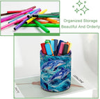Leather Pen Holder for Desk, Dolphins Flowers Pencil Cup Desktop Organizer - Image 3