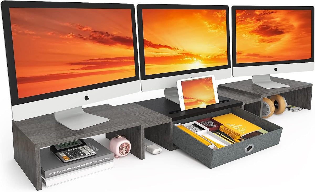 WESTREE Triple Dual Monitor Stand Riser with Drawer,Extra Large Adjustable fo...