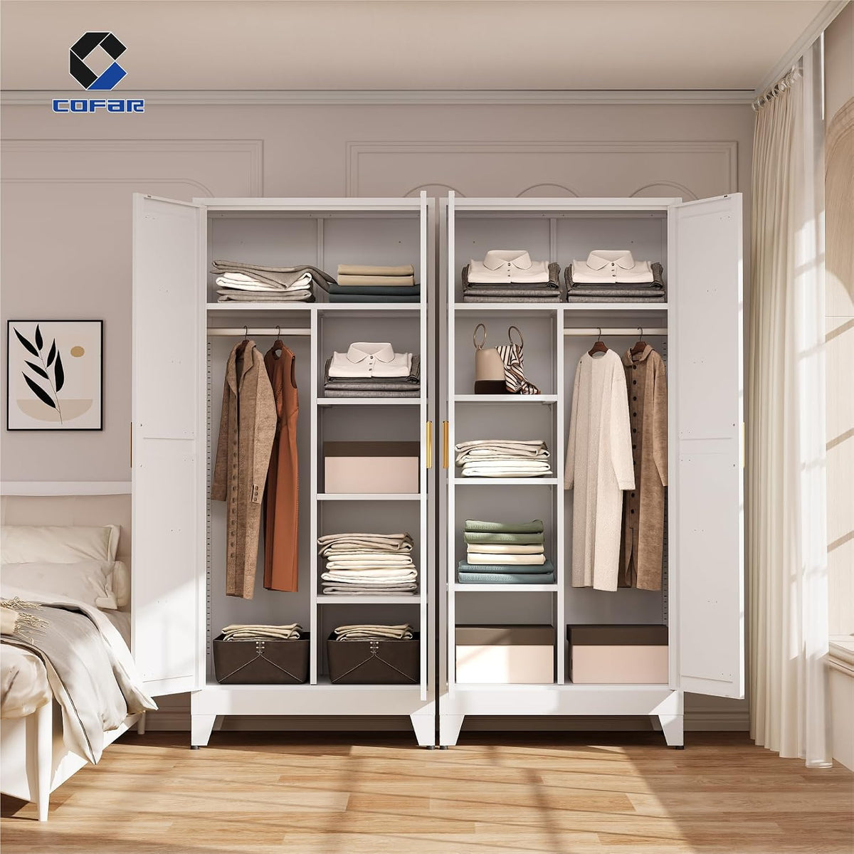 cofar metal wardrobe closet, bedroom armoire with adjustable shown in use