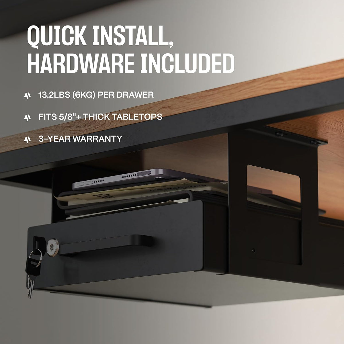 Under Desk Drawer Slide-Out – Lockable Metal Storage Drawer with Cable Manage...