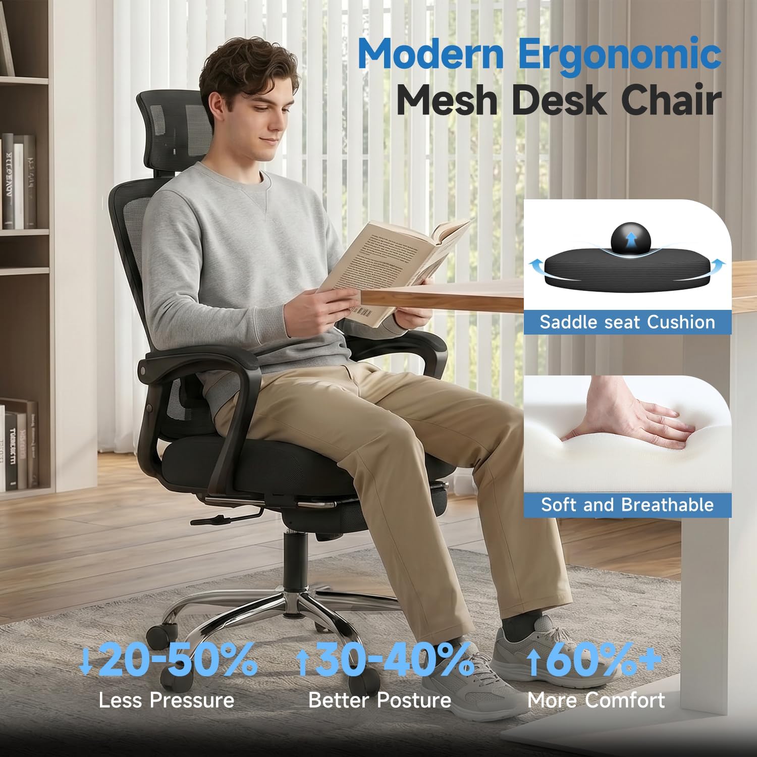 Ergonomic Office Chair with Footrest, 90-145° Reclining Desk Chair with Adjustable Lumbar Support & Headrest, High Back Mesh Computer Chair for Home Office/Gaming, 350lbs Capacity