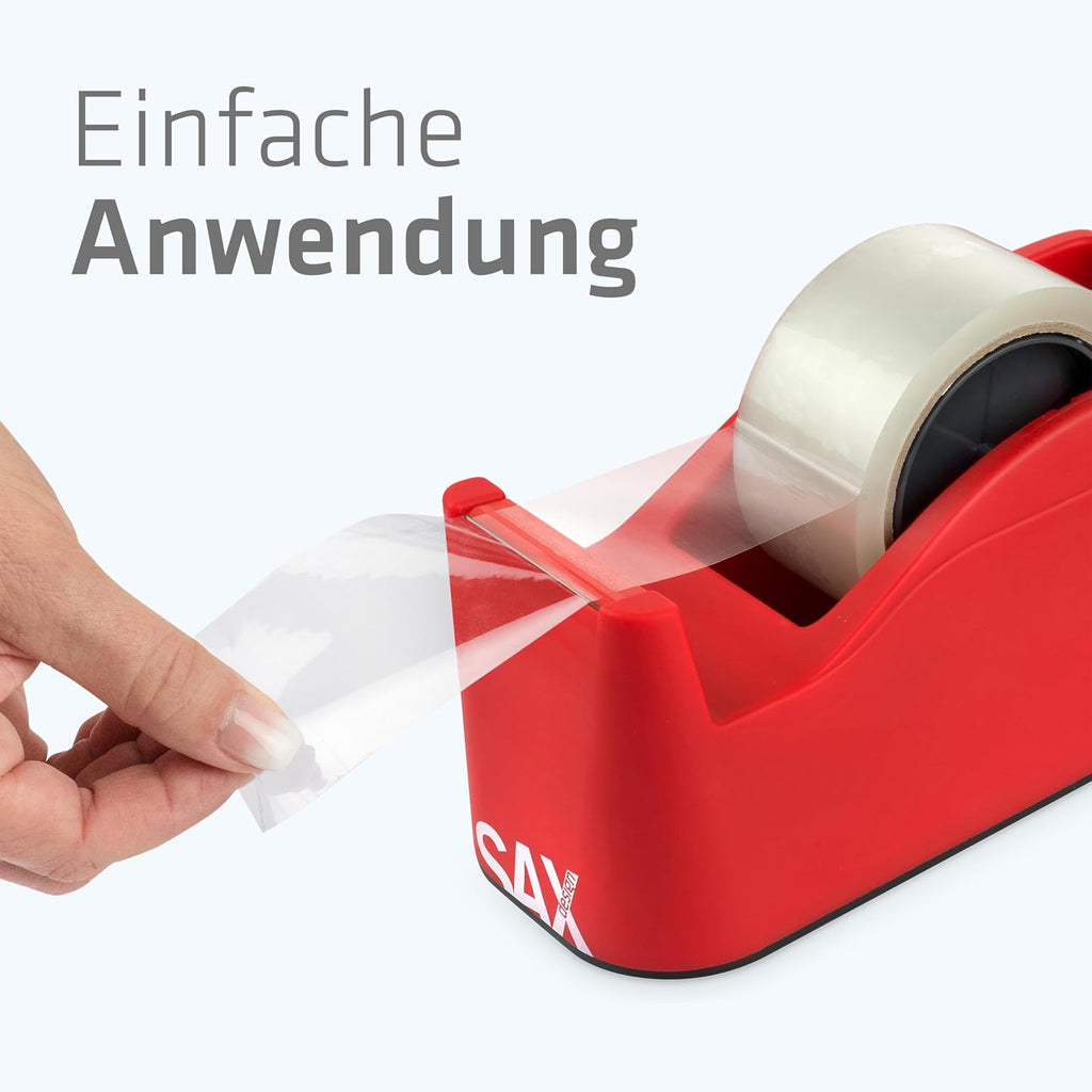 SAX Tape It Easy XXL Single Hand Tape Dispenser Extra Heavy for 1 x 50 mm Tape or 2 x 25 mm Tape, Parcel Tape Dispenser with Pen Holder Function, Non-Slip, Includes Double-Sided Blade, Red