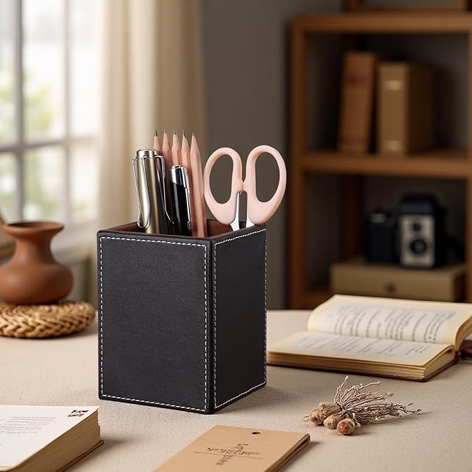 KINGFOM PU Leather Square Pens Pencils Holder Cup Desktop Stationery Organizer - Image 6