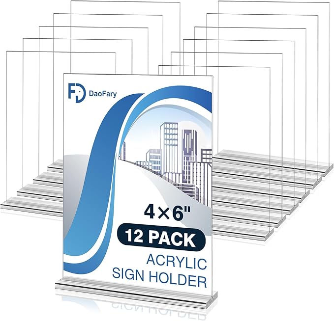 Daofary 12 Pack Acrylic Sign Holder 4 x 6, Double-Sided Stand up Table Top Sign by Daofary