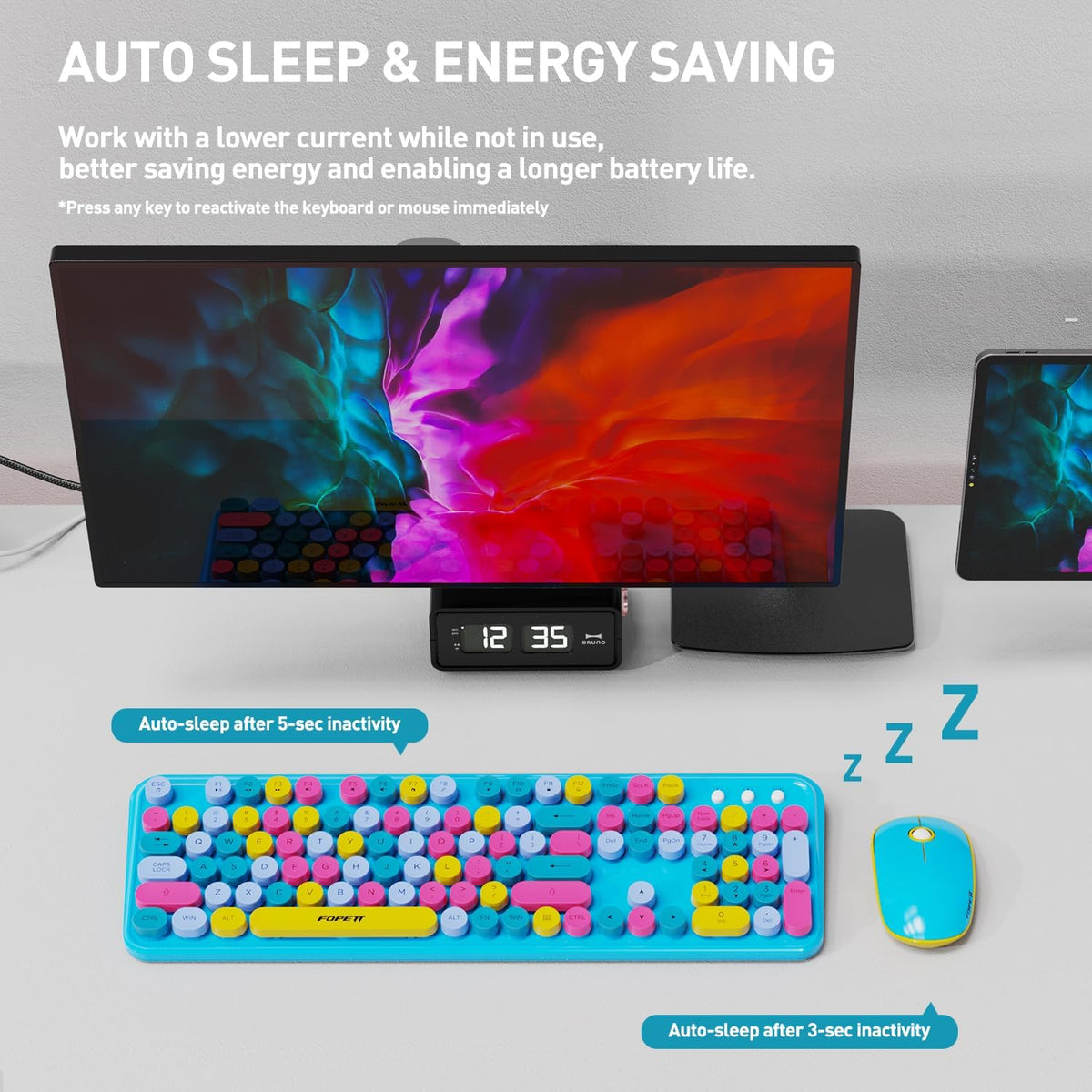 Colorful Wireless Keyboard Mouse Combo,Cute Round Keys,for PC Laptop,Blue