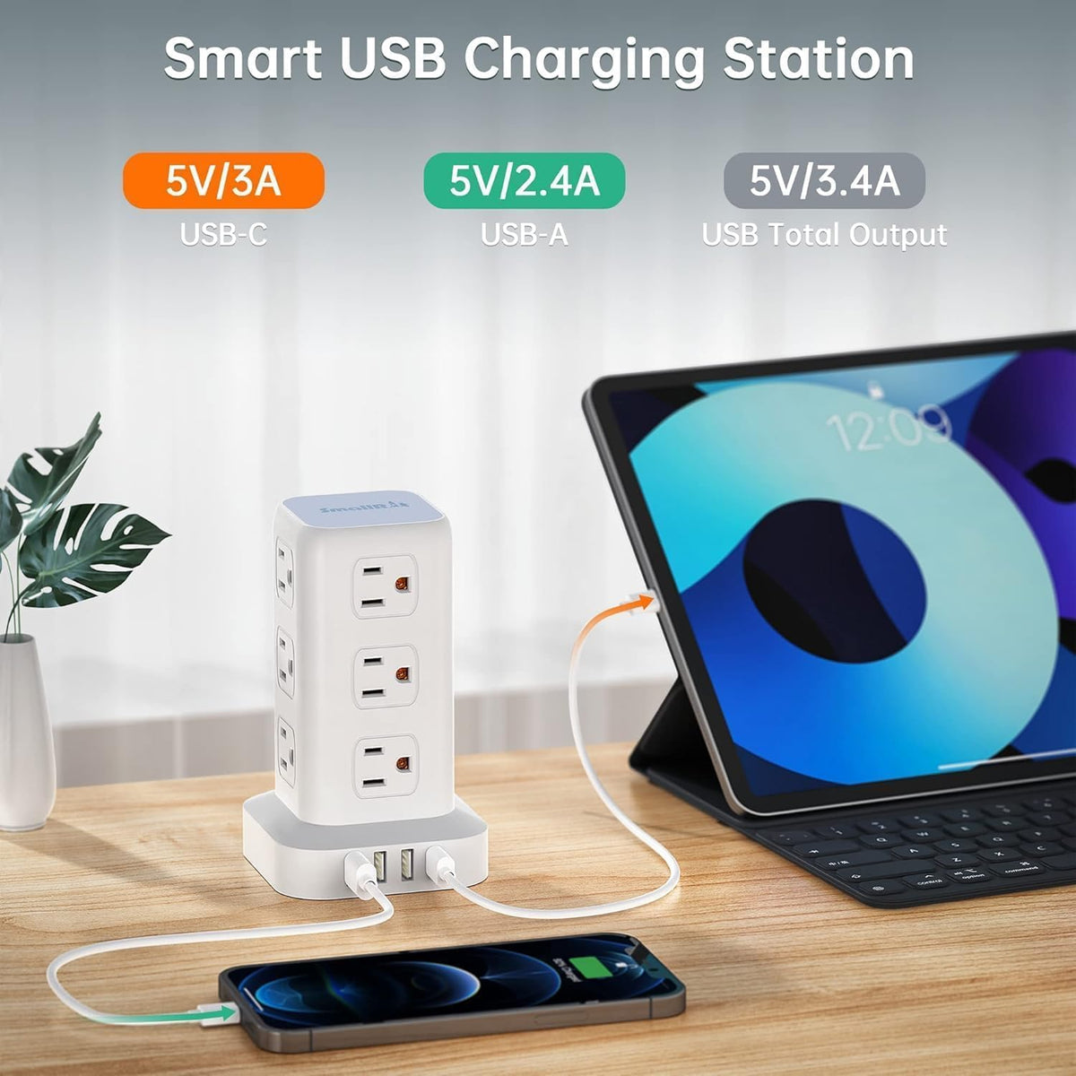 Power Strip with 12 Outlets 4 USB (1 USB C), 10Feet Extension Cord with Multi...