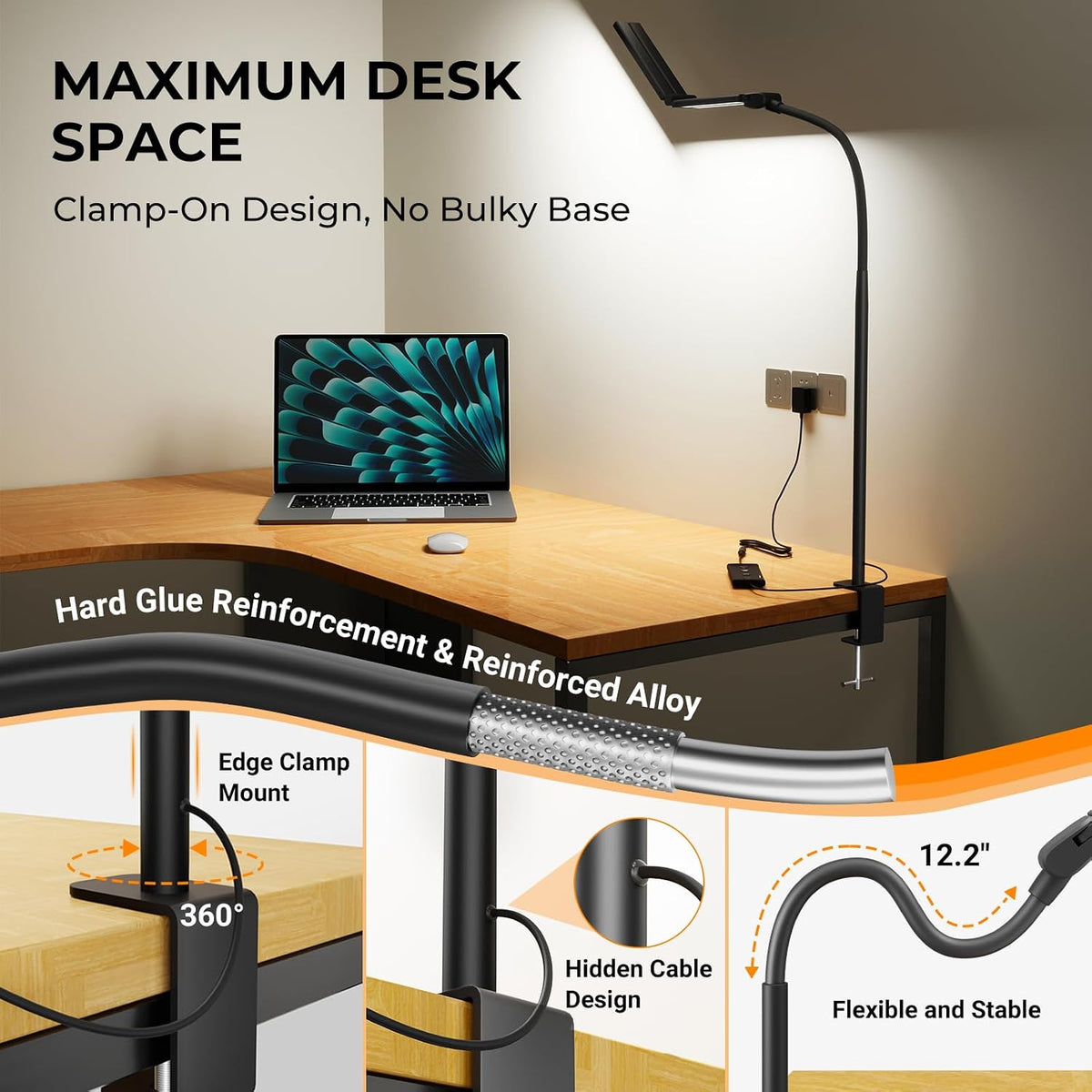 led desk lamps for home office, adjustable swing, side view