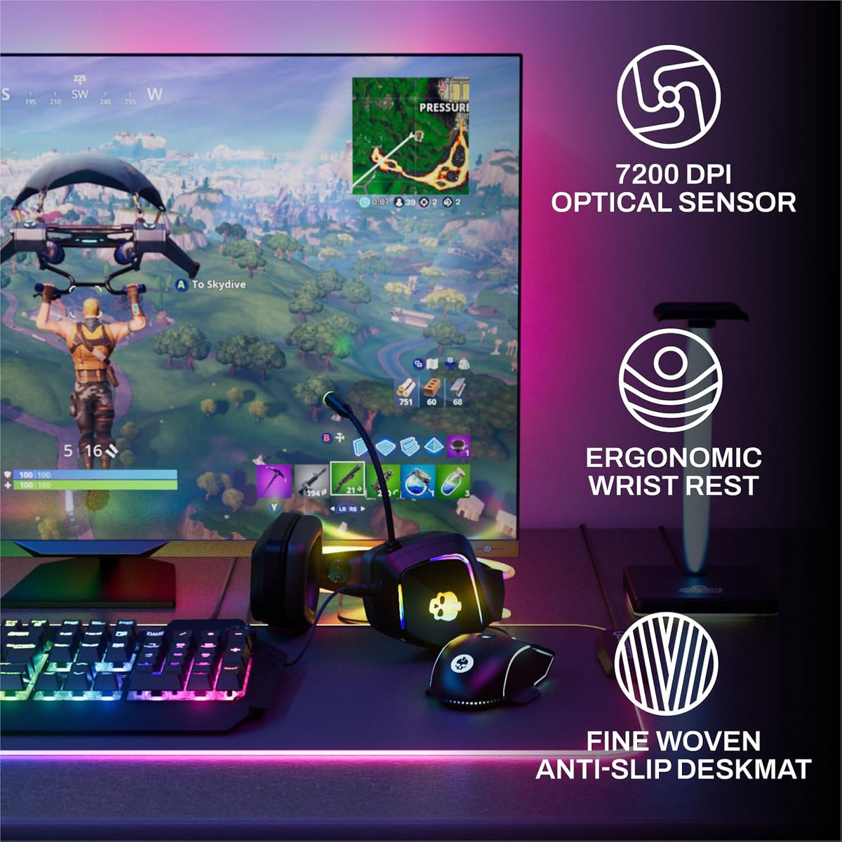 6-PC Wired RGB Mechanical Keyboard, Mouse & Pad, Headset w/Stand Light