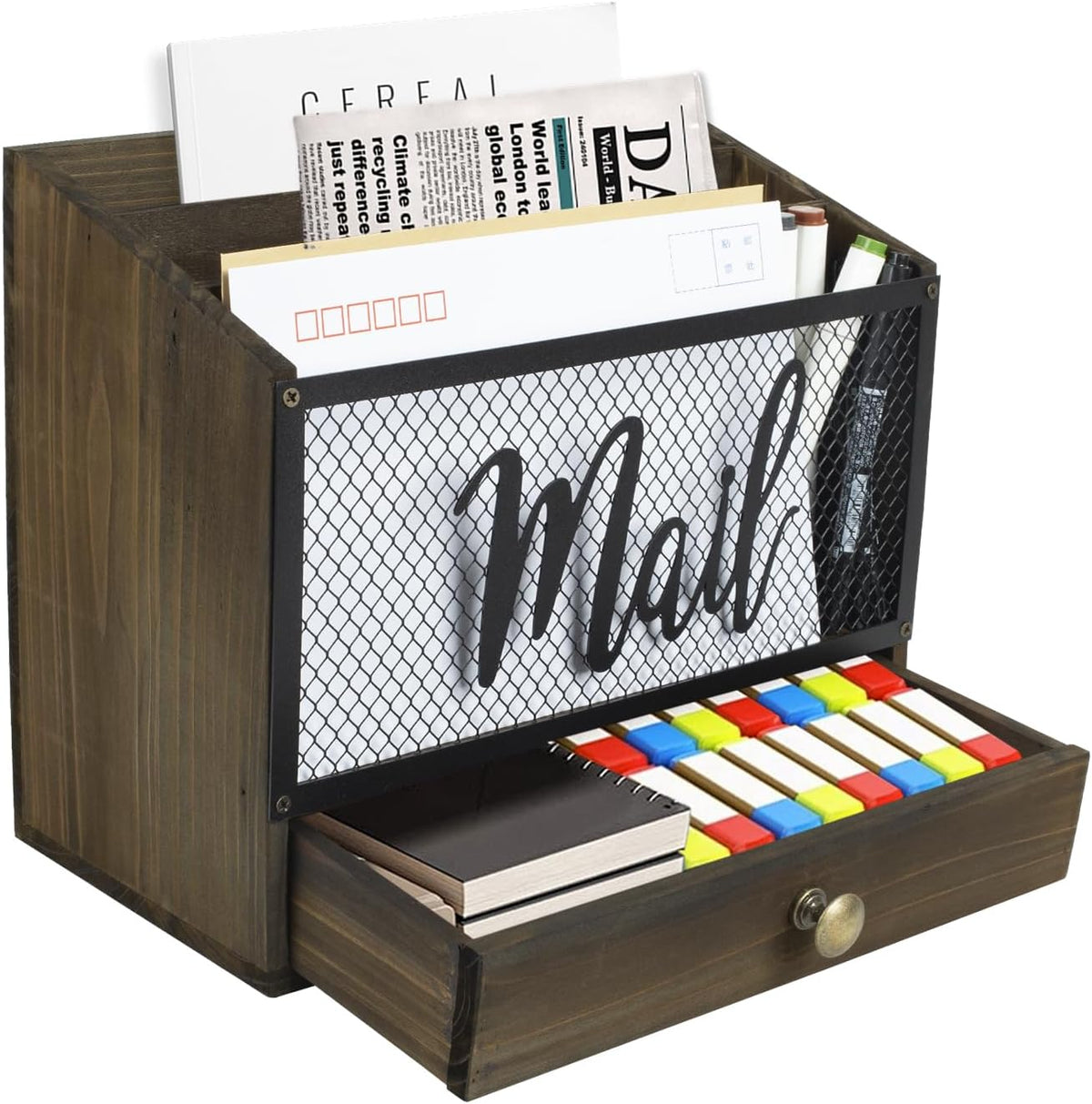 Wooden Mail Organizer with Drawer, 3 Compartments Desk Sorter