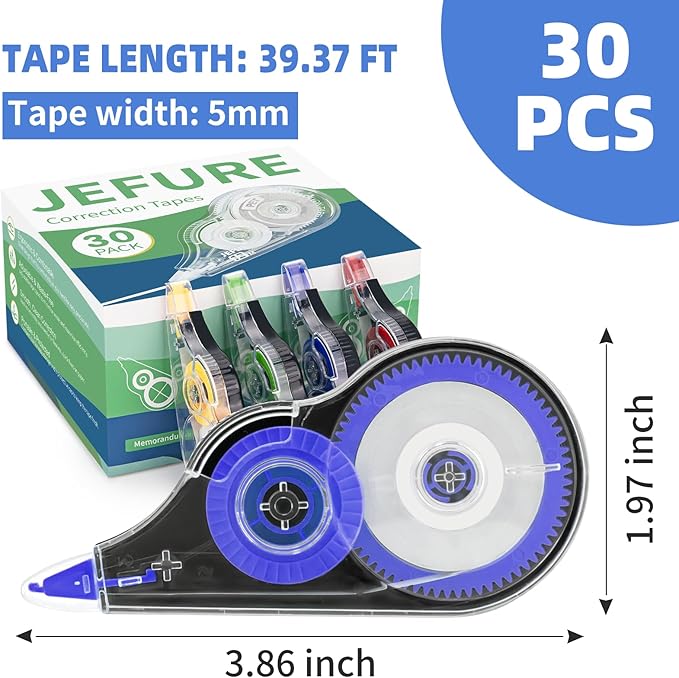 JEFURE 30 Pcs Colorful Correction Tape, 39.4 Ft White Wrong Out Tear-Resistant - Image 2