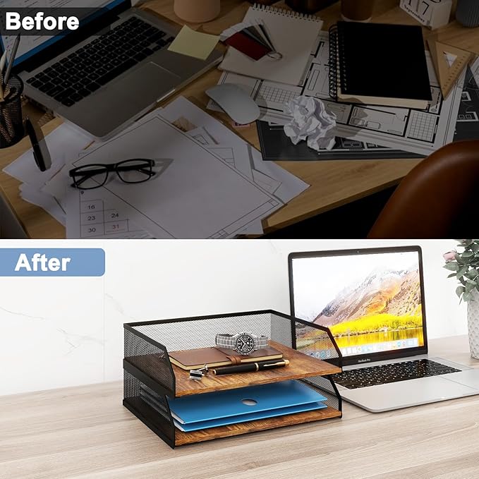 Natwind 2-Tier Stackable Paper Tray, Metal Mesh Desktop Organizer, Paper Sorter - Image 7